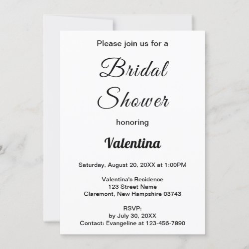 Black Texts on White Background Bridal Shower Invitation