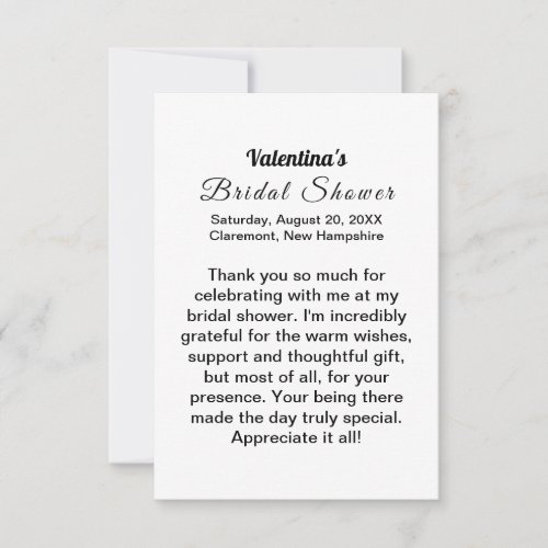 Black Texts on White Background Bridal Shower Thank You Card