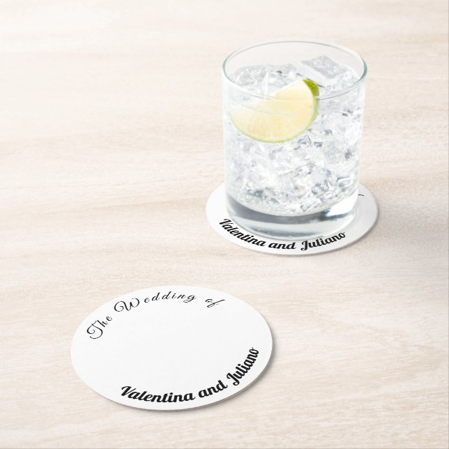 Black Texts on White Background Wedding Round Paper Coaster (Insitu)