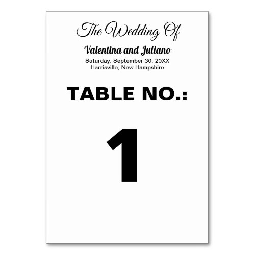 Black Texts on White Background Wedding Table Number