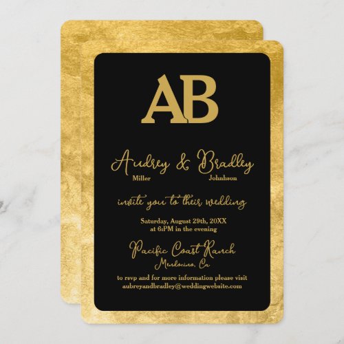 Black Texture Gold Frame 2 Letter Monogram Wedding Invitation