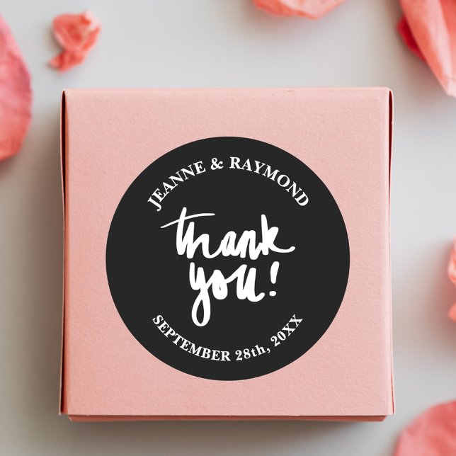 Black Thank You Chic Calligraphy Wedding Favor Classic Round Sticker (Creator Uploaded)