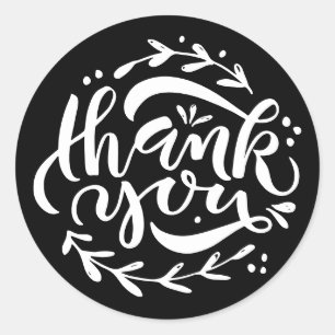 Black Thank You Modern Calligraphy Wreath Classic Round Sticker