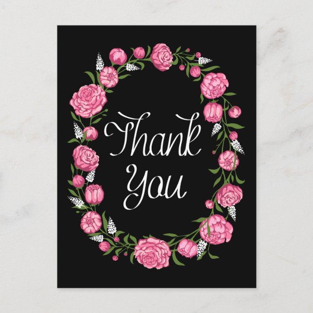 Black Thank You Pink Peony Floral Wreath Postcard (Front)