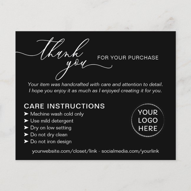 Black Thank you Washing Care Instructions Advice Flyer