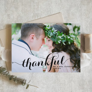 Black Thankful Modern Calligraphy Photo Wedding Letterpress Thank You Card