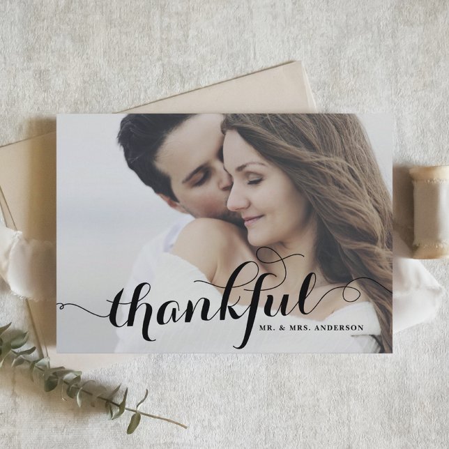 Black Thankful Modern Calligraphy Photo Wedding Thank You Card (Creator Uploaded)