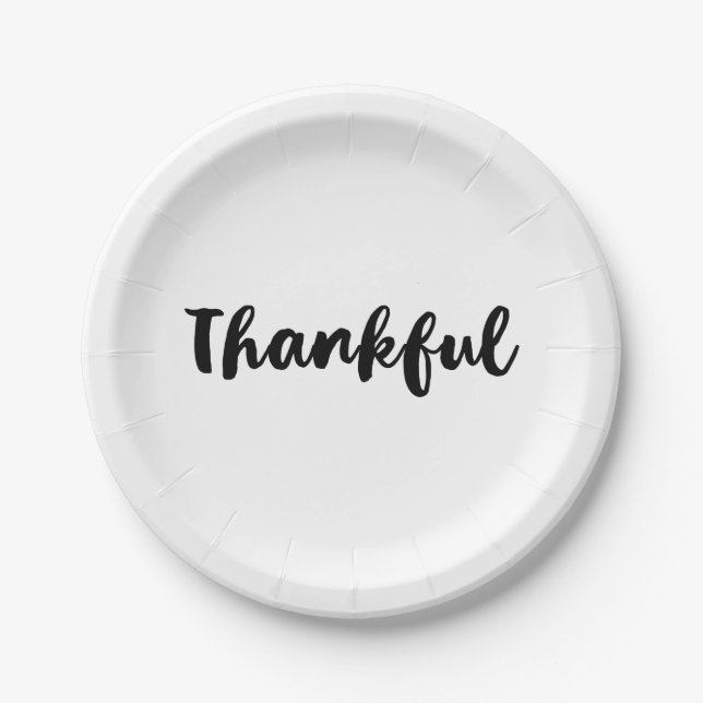 Black "Thankful" Type Thanksgiving Dinner Party Paper Plates (Front)