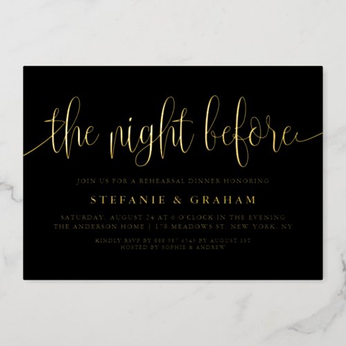 Black The Night Before Script Rehearsal Dinner Foil Invitation