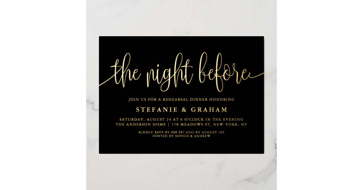 Black The Night Before Script Rehearsal Dinner Foil Invitation | Zazzle