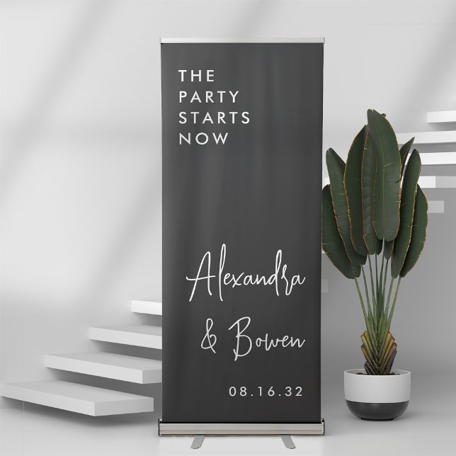 Black | The Party Starts Now Wedding Retractable Banner (Creator Uploaded)