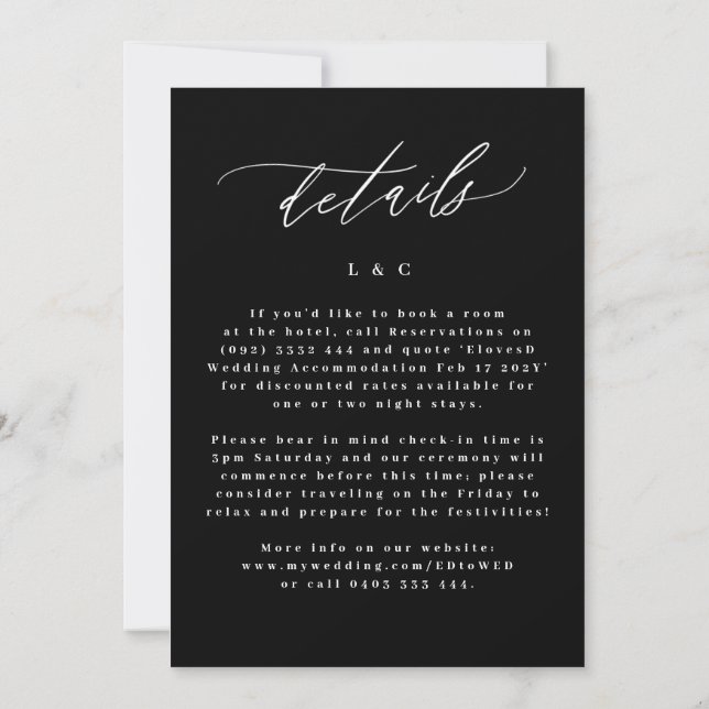 Black The Wedding Details on back Invitation | Zazzle