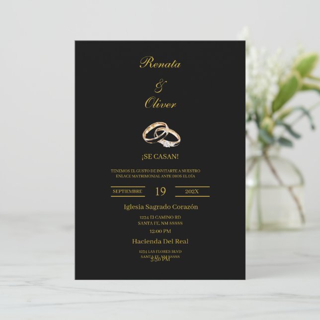 Black theme wedding ring Spanish Wedding Invitation (Standing Front)