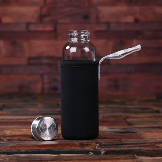 Black Thermos Holder and 13 oz. Glass Water Bottle (Front)