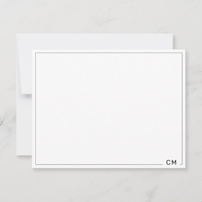 Black Thin Border Two Letter Monogram Note Card (Front)