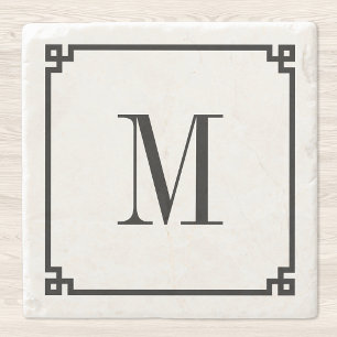 Black Thin Greek Key Border Monogram Stone Coaster