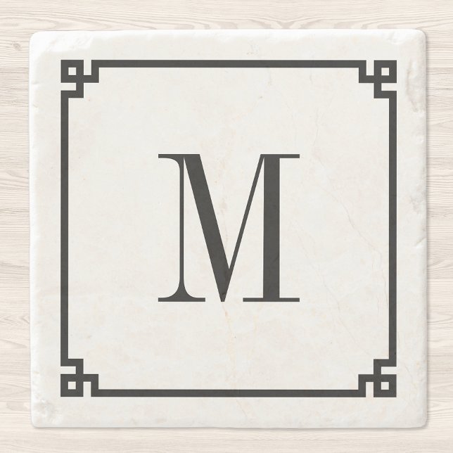 Black Thin Greek Key Border Monogram Stone Coaster (Creator Uploaded)