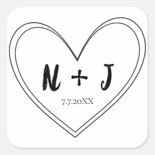 Black Thin Heart Personalized Wedding Square Sticker