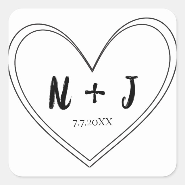 Black Thin Heart Personalized Wedding Square Sticker (Front)