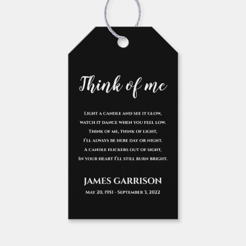 Black Think Of Me Celebration of Life Candle Gift Tags