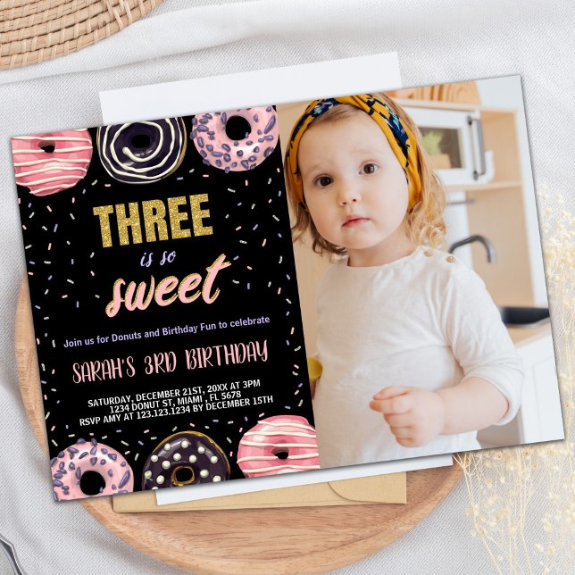 Black Three is Sweet Photo Donut Birthday Invitation (Black Three is Sweet Photo Donut Birthday Invitation)