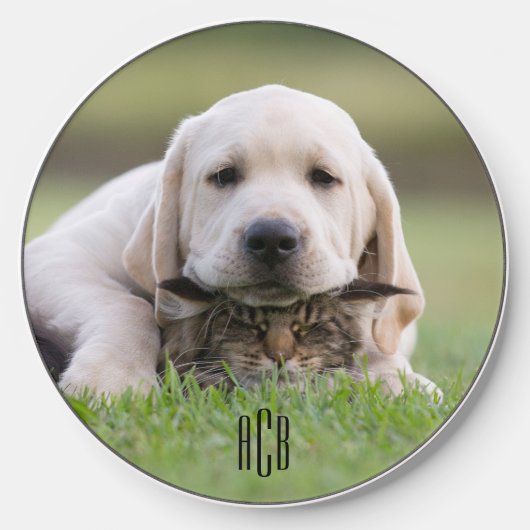 Black Three Letter Monogram Pet Photo Wireless Charger (Front)