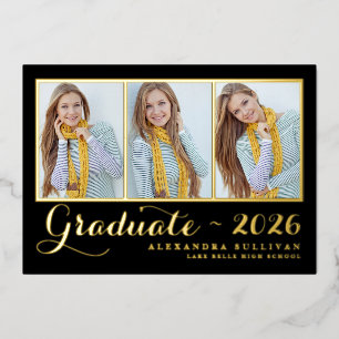 Black Three Photo Collage Graduation Gold Foil Invitation
