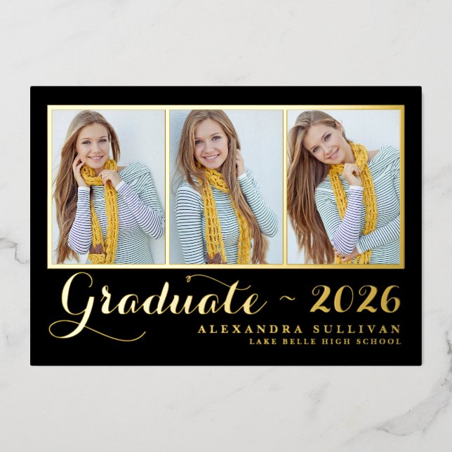 Black Three Photo Collage Graduation Gold Foil Invitation (Front)