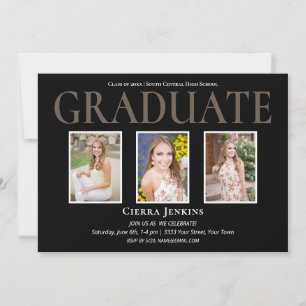 Black Three Photo Graduation Party Invitation