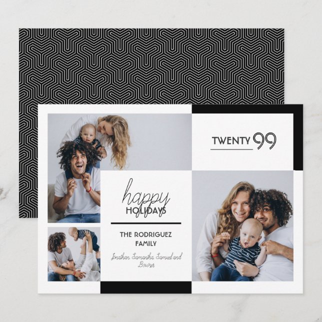 Black Three-Photo Happy Holidays Holiday Card (Front/Back)