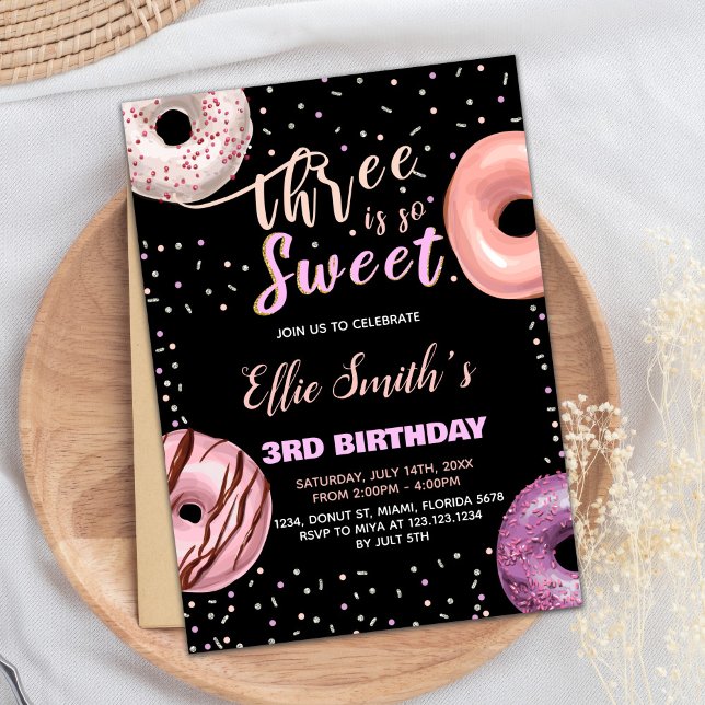 Black Three Sweet Pink Donut Birthday Invitations (Black Three Sweet Pink Donut Birthday Invitations)