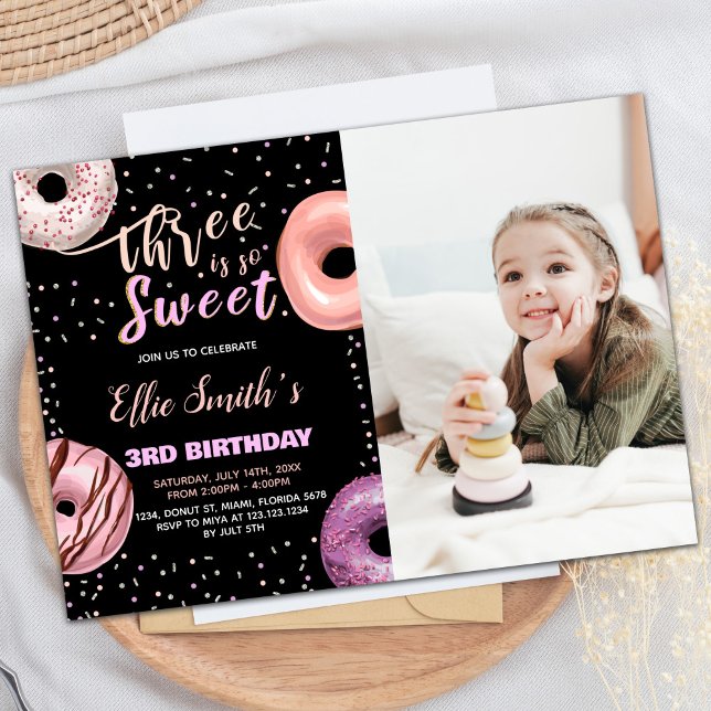 Black Three Sweet Pink Photo Donut Birthday Invitation (Black Three Sweet Pink Photo Donut Birthday Invitation)