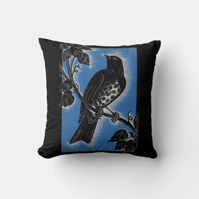 black thrush with blue throw pillow (Front)