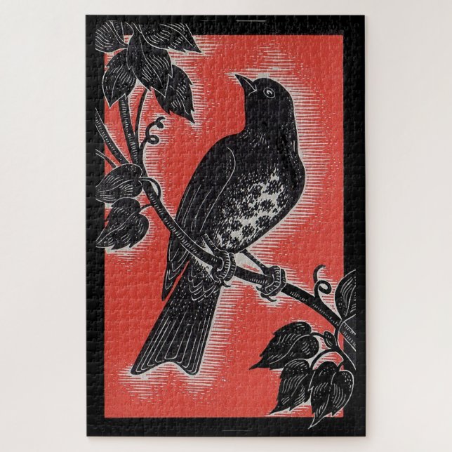 black thrush with red jigsaw puzzle (Vertical)