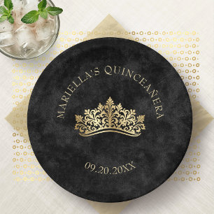 Black Tiara Crown Elegant Quinceanera Paper Plates