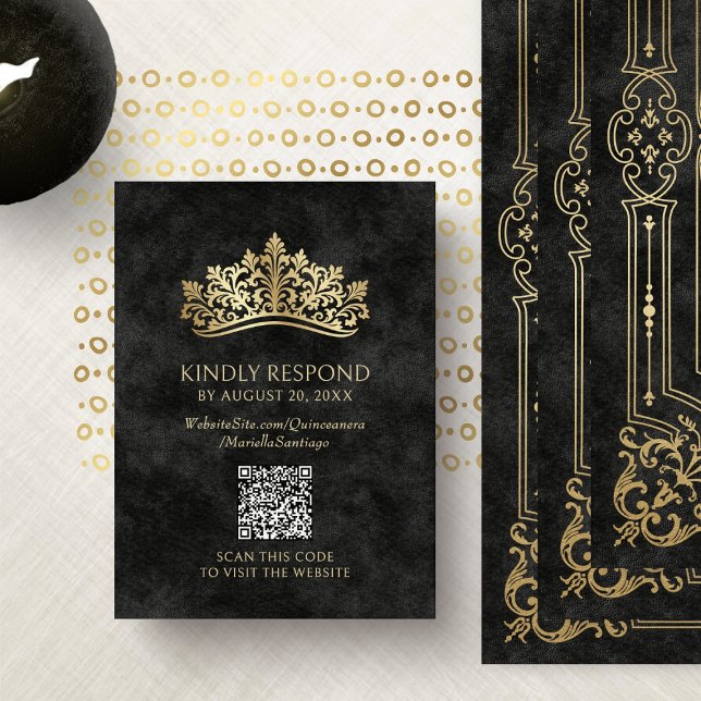 Black Tiara CrownQuinceanera QR RSVP Enclosure Card (Creator Uploaded)