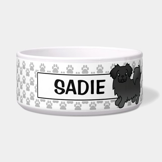 Black Tibetan Spaniel Cartoon Dog Bowl (Front)