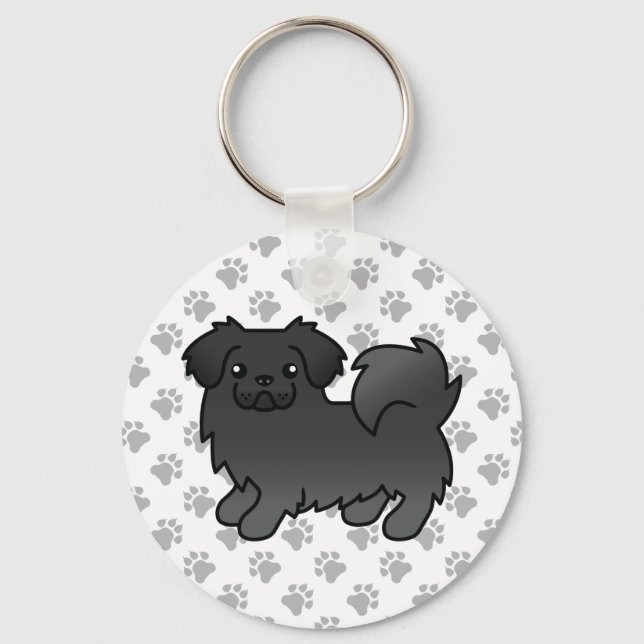 Black Tibetan Spaniel Cute Cartoon Dog Keychain (Front)