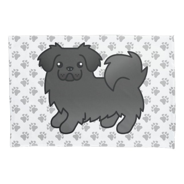 Black Tibetan Spaniel Cute Cartoon Dog & Paws Pillow Case (Front)
