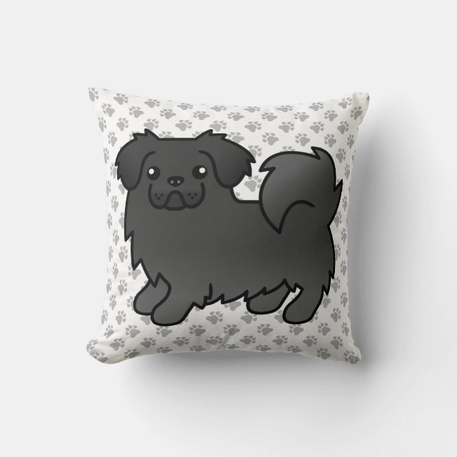 Black Tibetan Spaniel Cute Cartoon Dog & Paws Throw Pillow (Front)