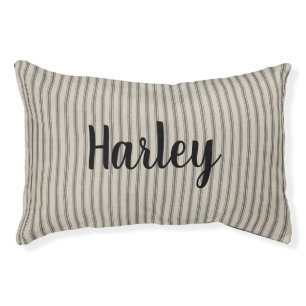 Black Ticking Stripes Monogram   Farmhouse Pet Bed