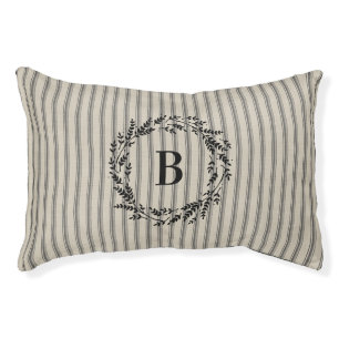 Black Ticking Stripes Monogram   Modern Farmhouse Pet Bed