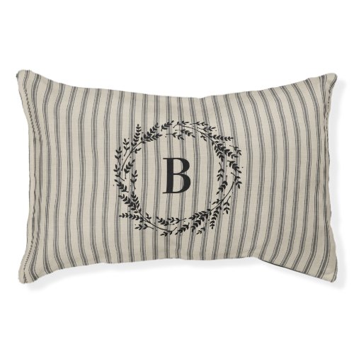 Black Ticking Stripes Monogram  Modern Farmhouse Pet Bed