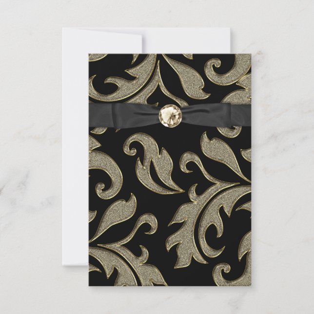 Black Tie Black Gold Damask Party Invitation RSVP (Front)