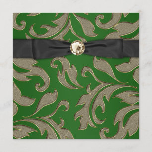 Black Tie Black Gold Green Damask Party Invitation