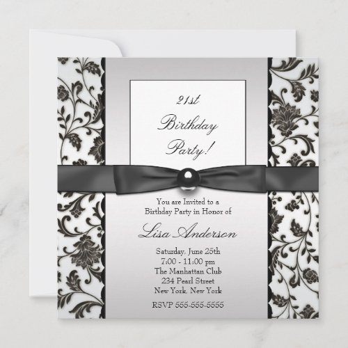 Black Tie Damask Womans 21st Birthday Party Personalized Announcements