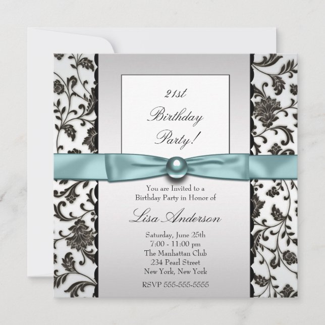 Black Tie Damask Womans Birthday Party Invitation (Front)