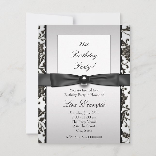 Black Tie Damask Womans Birthday Party Invitation (Front)