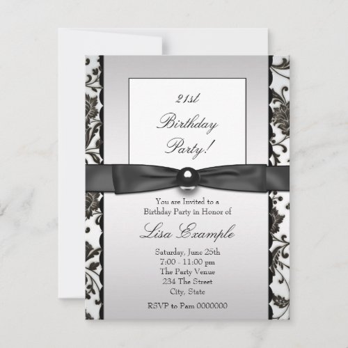 Black Tie Damask Womans Birthday Party Invitation