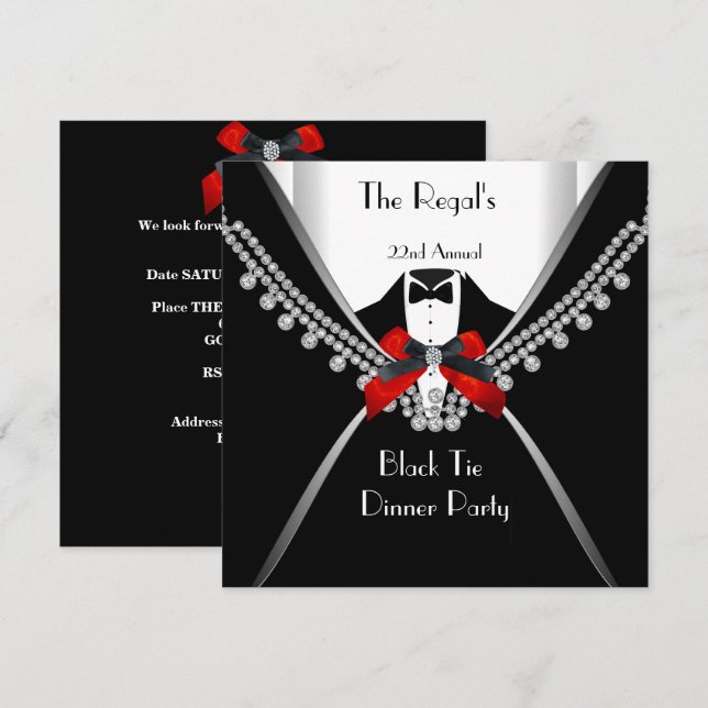 Black Tie Dinner White Red Bow Party 2 Invitation (Front/Back)